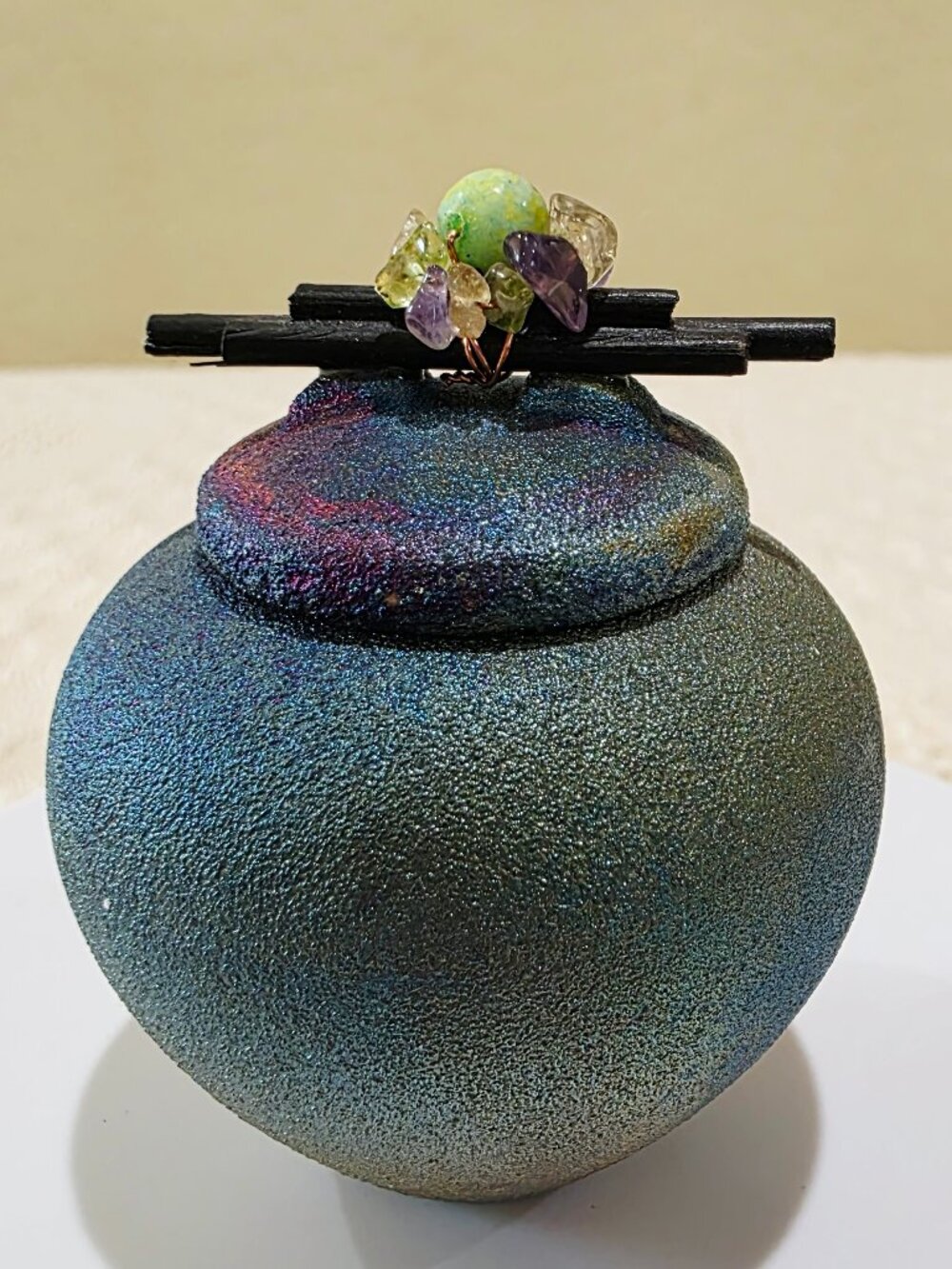 Jeremy Diller Raku Pottery Mini Dream Jar Signed Studio Art Vessel Gemstones P1